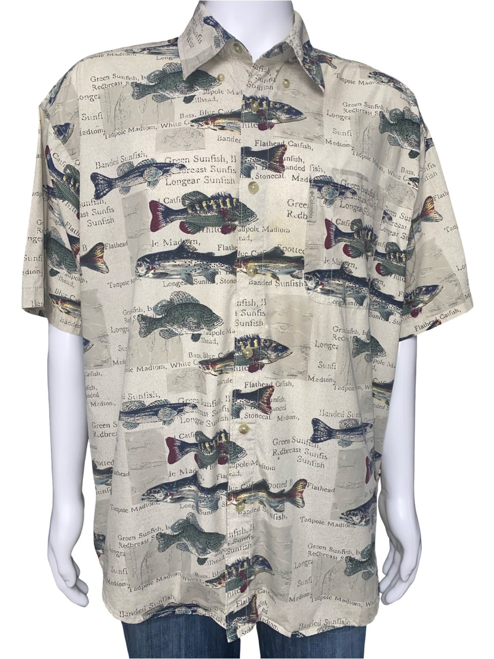 Columbia Fishing Shirt XL Button Up Fish Print Outdoor Camp Short Sleeve Beige
